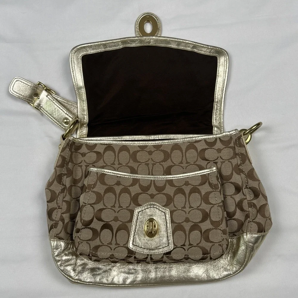 VTG Coach Signature F12857 Beige Gold Big Turn Lock Shoulder Bag Gold Hardware